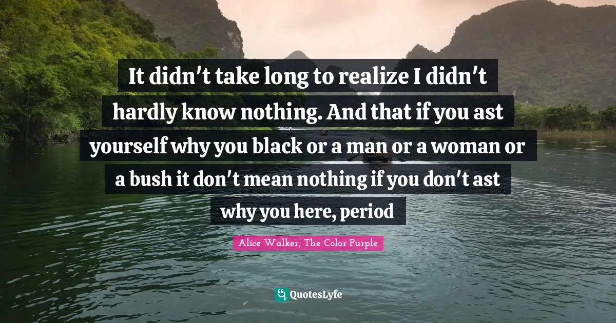 Alice Walker, The Color Purple Quotes: It didn't take long to realize I didn't hardly know nothing. And that if you ast yourself why you black or a man or a woman or a bush it don't mean nothing if you don't ast why you here, period