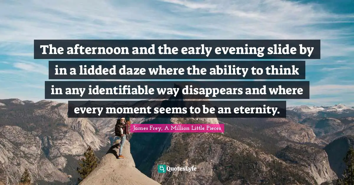 The afternoon and the early evening slide by in a lidded daze where the ability to think in any identifiable way disappears and where every moment seems to be an eternity.