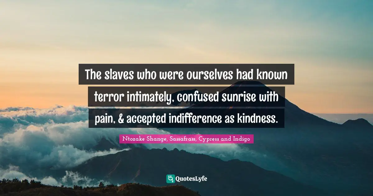 Ntozake Shange Quotes: "The slaves who were ourselves had known terror intimately, confused sunrise with pain, & accepted indifference as kindness."