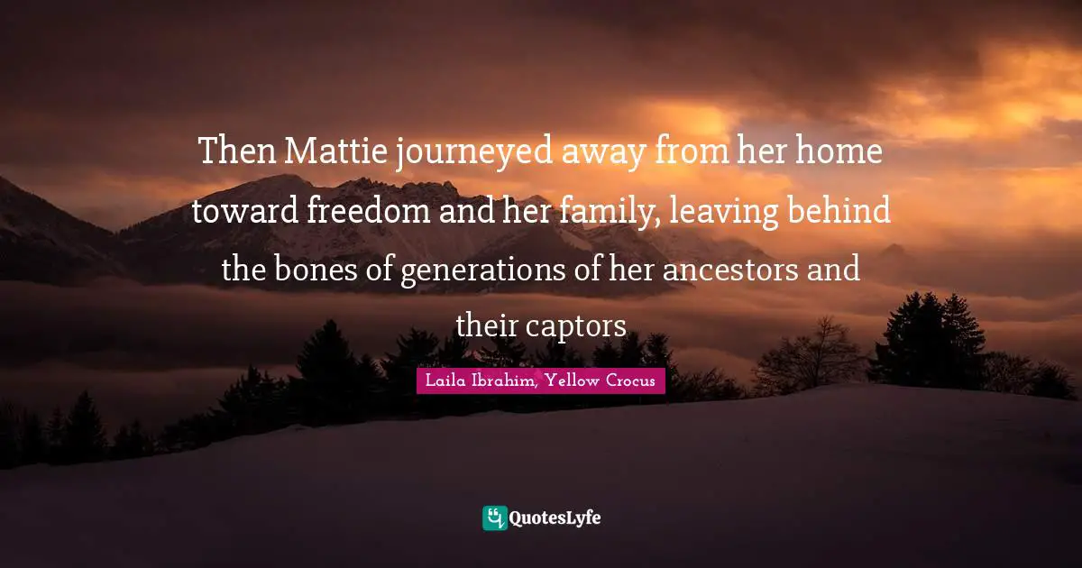 Laila Ibrahim, Yellow Crocus Quotes: "Then Mattie journeyed away from her home toward freedom and her family, leaving behind the bones of generations of her ancestors and their captors"