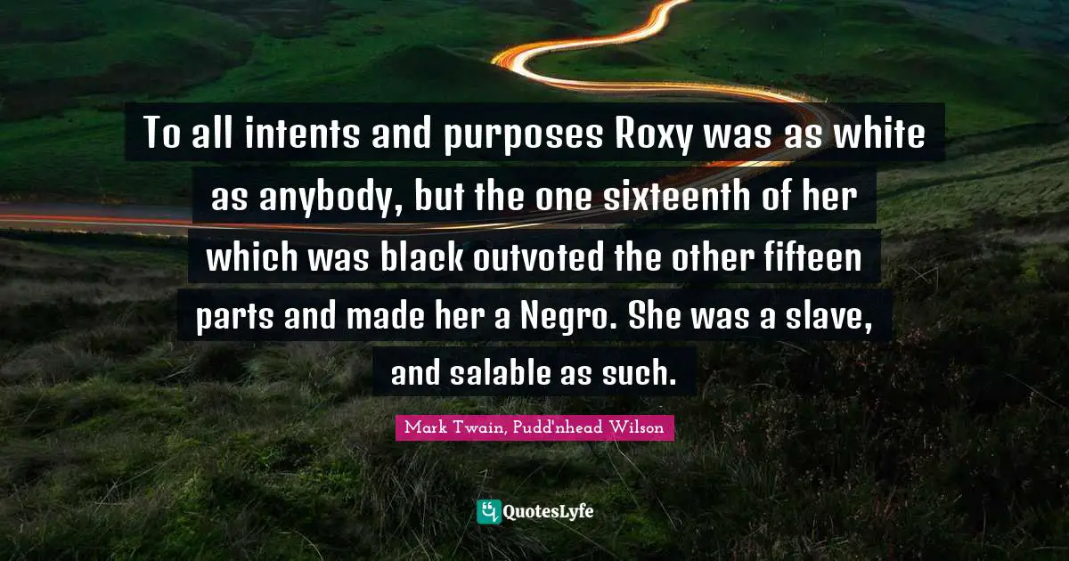 To all intents and purposes Roxy was as white as anybody, but the one sixteenth of her which was black outvoted the other fifteen parts and made her a Negro. She was a slave, and salable as such.