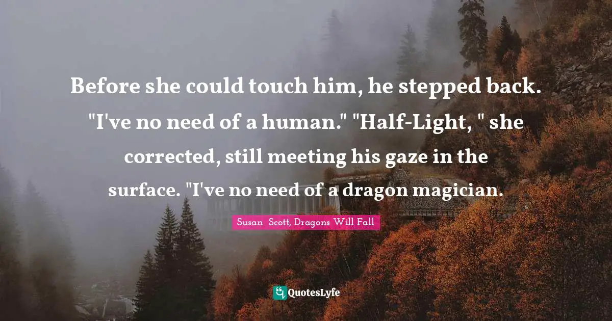 Before she could touch him, he stepped back. "I've no need of a human."	"Half-Light, " she corrected, still meeting his gaze in the surface. "I've no need of a dragon magician.
