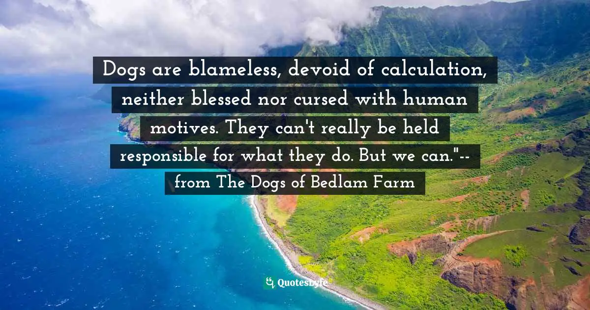 Dogs are blameless, devoid of calculation, neither blessed nor cursed with human motives. They can't really be held responsible for what they do. But we can."--from The Dogs of Bedlam Farm