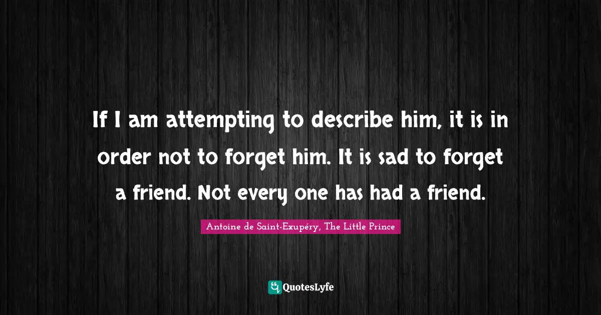 If I am attempting to describe him, it is in order not to forget him. It is sad to forget a friend. Not every one has had a friend.