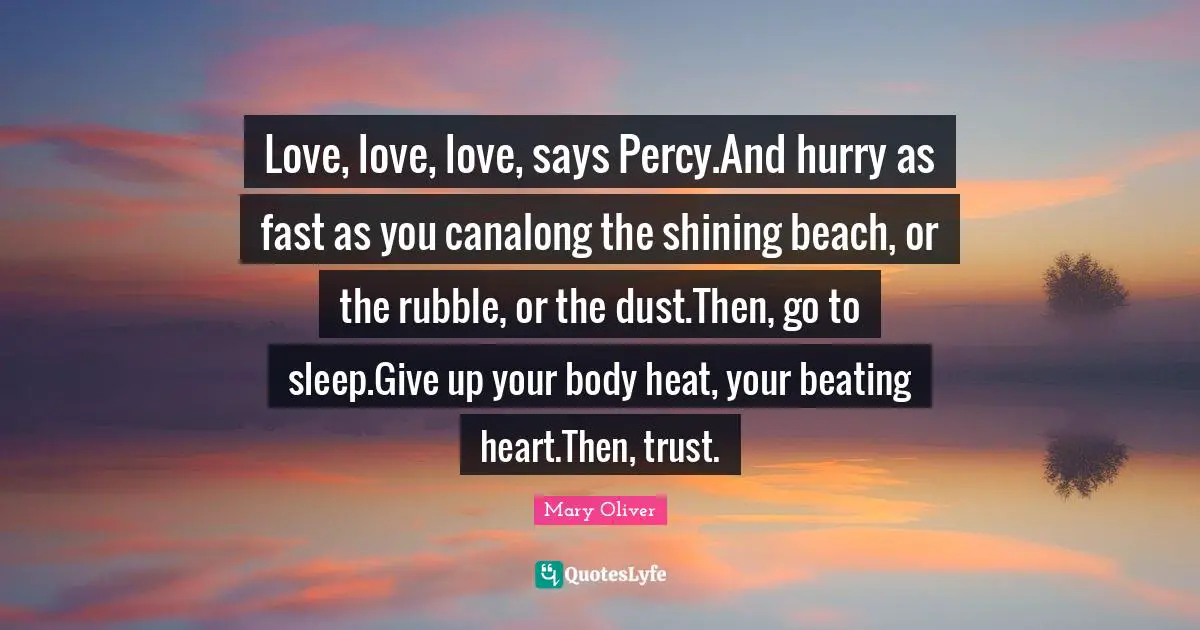 Love, love, love, says Percy.And hurry as fast as you canalong the shining beach, or the rubble, or the dust.Then, go to sleep.Give up your body heat, your beating heart.Then, trust.