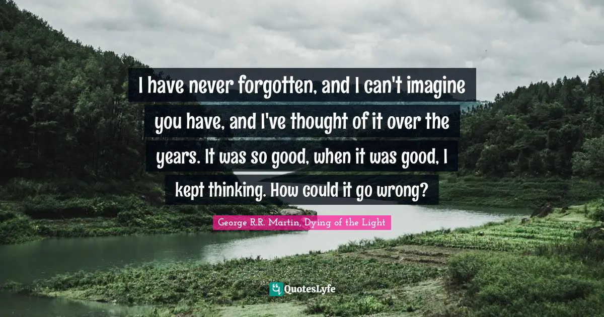 I have never forgotten, and I can't imagine you have, and I've thought of it over the years. It was so good, when it was good, I kept thinking. How could it go wrong?