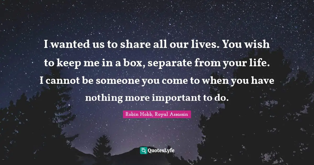 I wanted us to share all our lives. You wish to keep me in a box, separate from your life. I cannot be someone you come to when you have nothing more important to do.