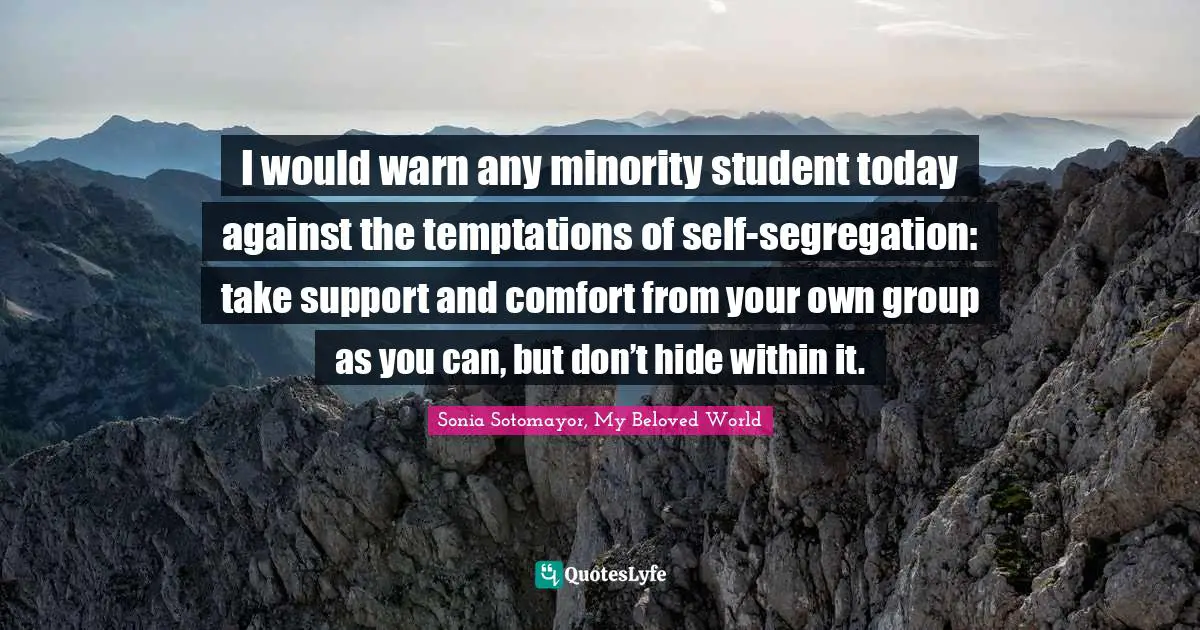 I would warn any minority student today against the temptations of self-segregation: take support and comfort from your own group as you can, but don’t hide within it.