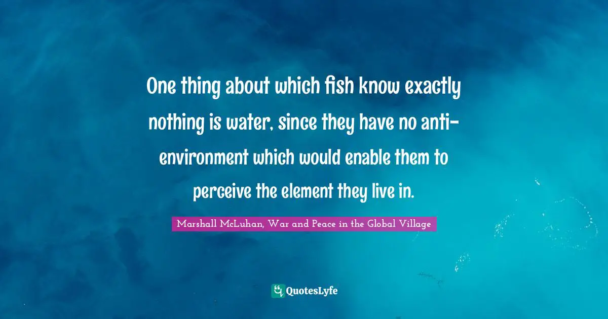 One thing about which fish know exactly nothing is water, since they have no anti-environment which would enable them to perceive the element they live in.