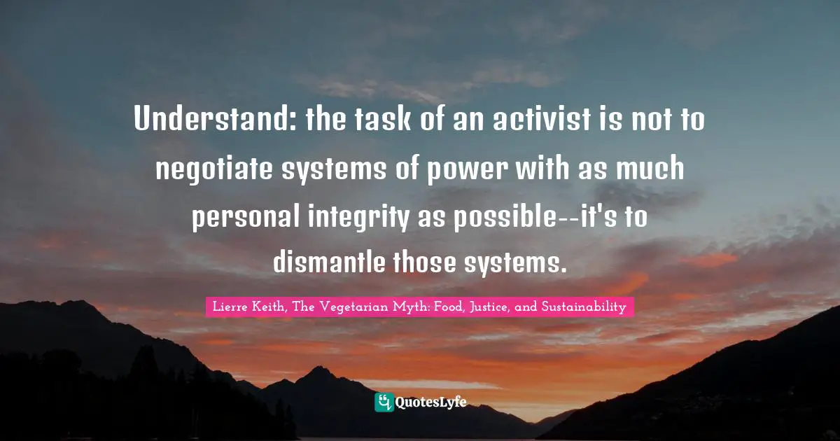 Understand: the task of an activist is not to negotiate systems of power with as much personal integrity as possible--it's to dismantle those systems.