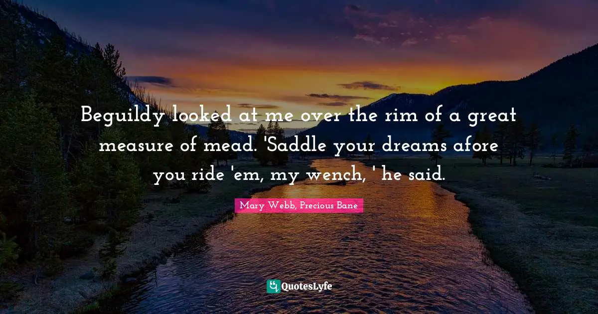 Beguildy looked at me over the rim of a great measure of mead. 'Saddle your dreams afore you ride 'em, my wench, ' he said.