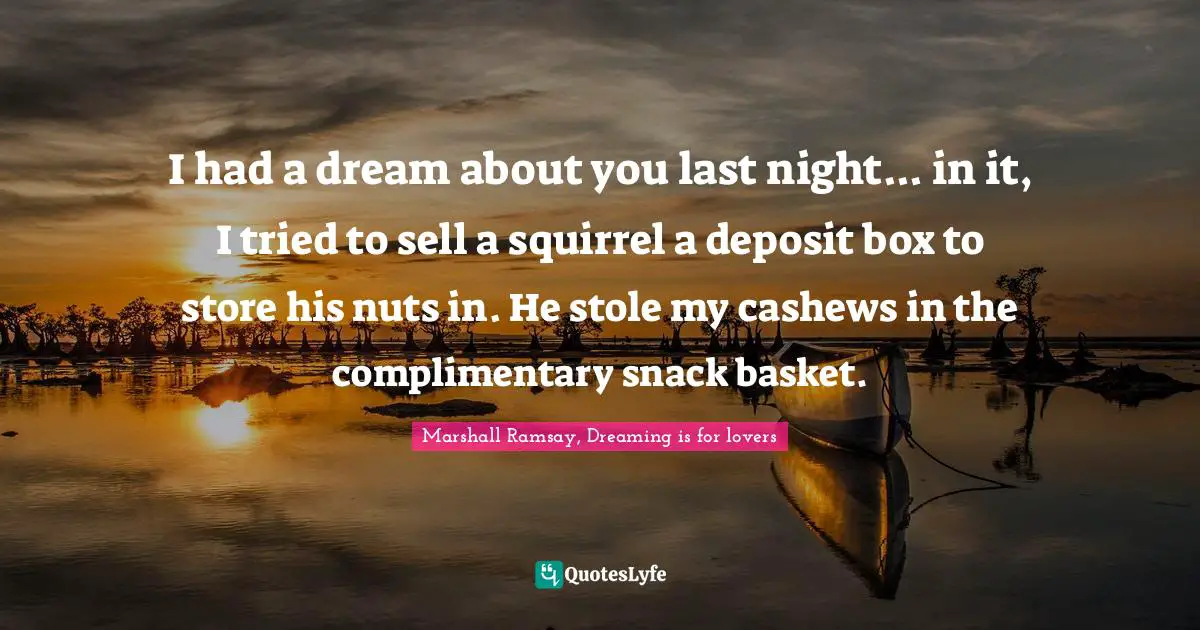 I had a dream about you last night... in it, I tried to sell a squirrel a deposit box to store his nuts in. He stole my cashews in the complimentary snack basket.