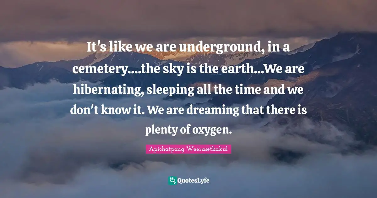 It's like we are underground, in a cemetery....the sky is the earth...We are hibernating, sleeping all the time and we don't know it. We are dreaming that there is plenty of oxygen.