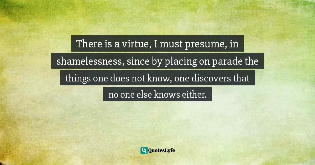 There is a virtue, I must presume, in shamelessness, since by placing on parade the things one does not know, one discovers that no one else knows either.