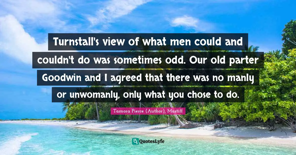 Turnstall's view of what men could and couldn't do was sometimes odd. Our old parter Goodwin and I agreed that there was no manly or unwomanly, only what you chose to do.
