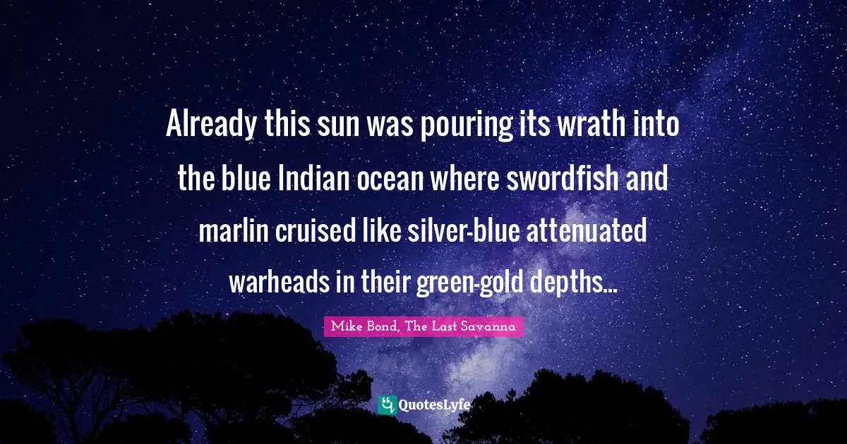 Already this sun was pouring its wrath into the blue Indian ocean where swordfish and marlin cruised like silver-blue attenuated warheads in their green-gold depths...