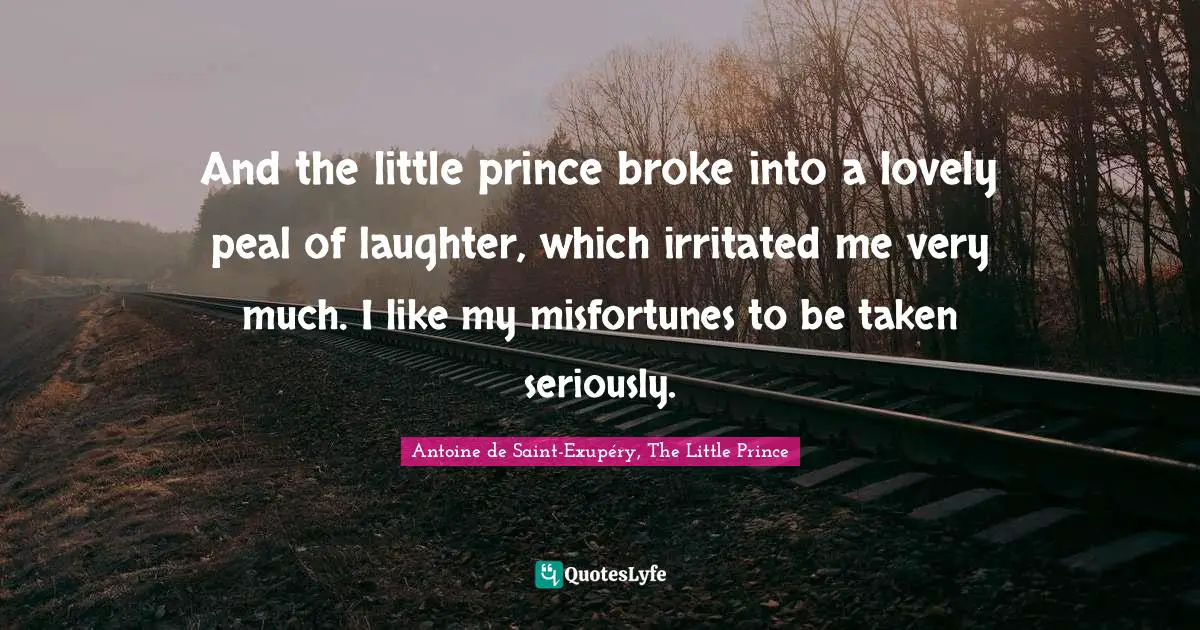 And the little prince broke into a lovely peal of laughter, which irritated me very much. I like my misfortunes to be taken seriously.