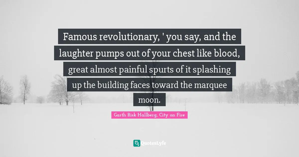 Famous revolutionary, ' you say, and the laughter pumps out of your chest like blood, great almost painful spurts of it splashing up the building faces toward the marquee moon.