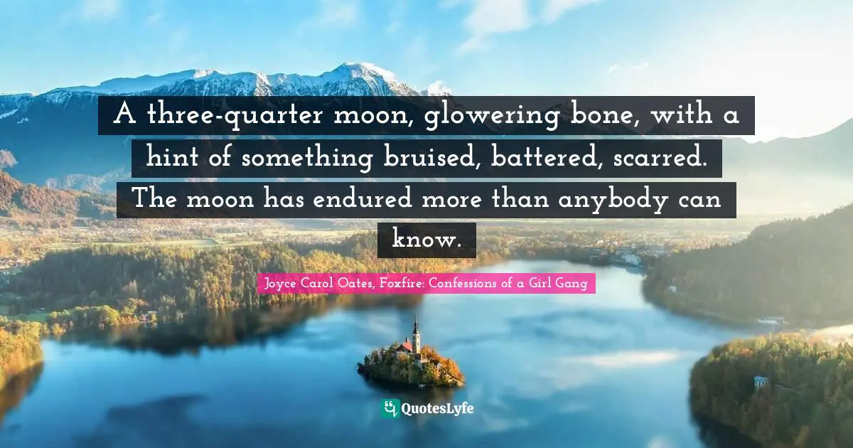 A three-quarter moon, glowering bone, with a hint of something bruised, battered, scarred. The moon has endured more than anybody can know.