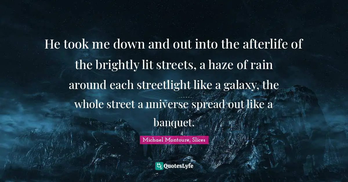 He took me down and out into the afterlife of the brightly lit streets, a haze of rain around each streetlight like a galaxy, the whole street a universe spread out like a banquet.