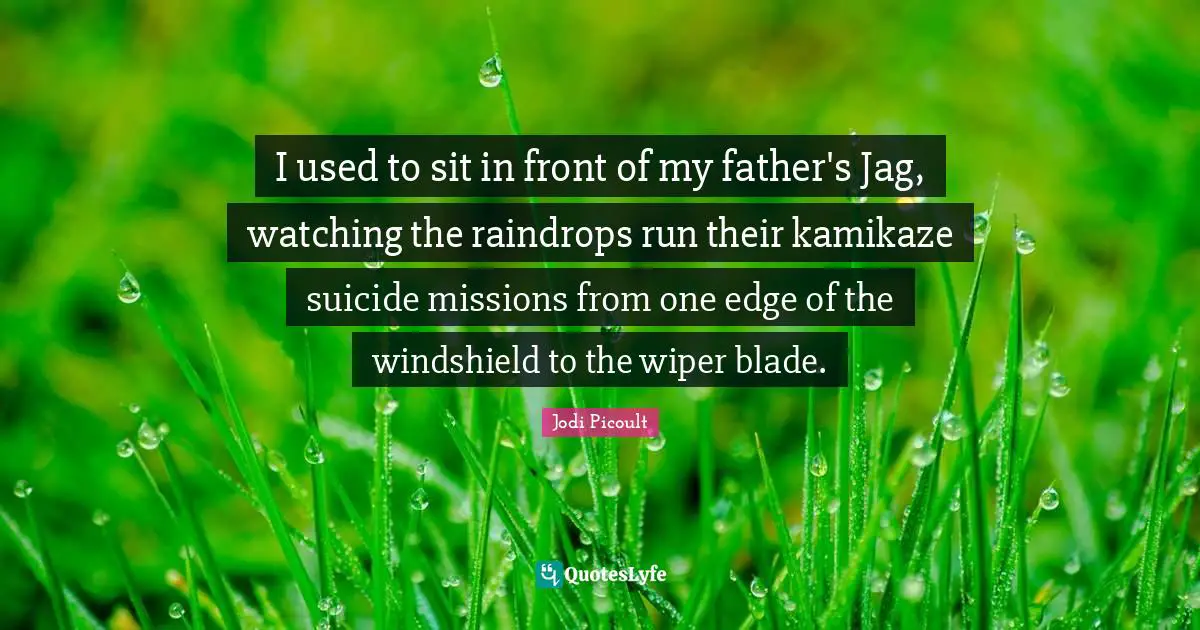 Raindrops Quotes: "I used to sit in front of my father's Jag, watching the raindrops run their kamikaze suicide missions from one edge of the windshield to the wiper blade."
