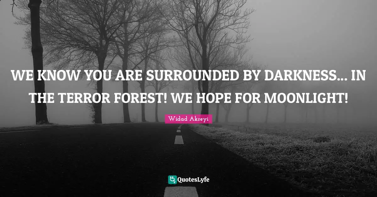 Defend International Quotes: "WE KNOW YOU ARE SURROUNDED BY DARKNESS... IN THE TERROR FOREST! WE HOPE FOR MOONLIGHT!"