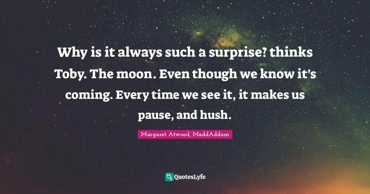 Why is it always such a surprise? thinks Toby. The moon. Even though we know it's coming. Every time we see it, it makes us pause, and hush.