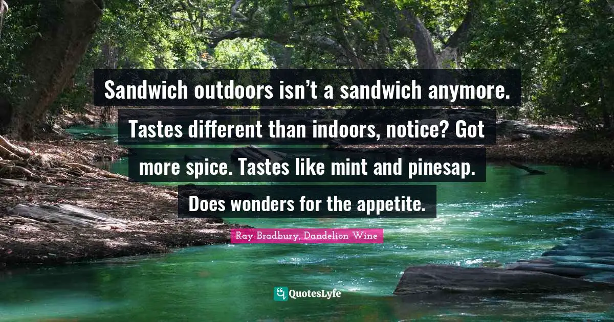 Sandwich outdoors isn’t a sandwich anymore. Tastes different than indoors, notice? Got more spice. Tastes like mint and pinesap. Does wonders for the appetite.