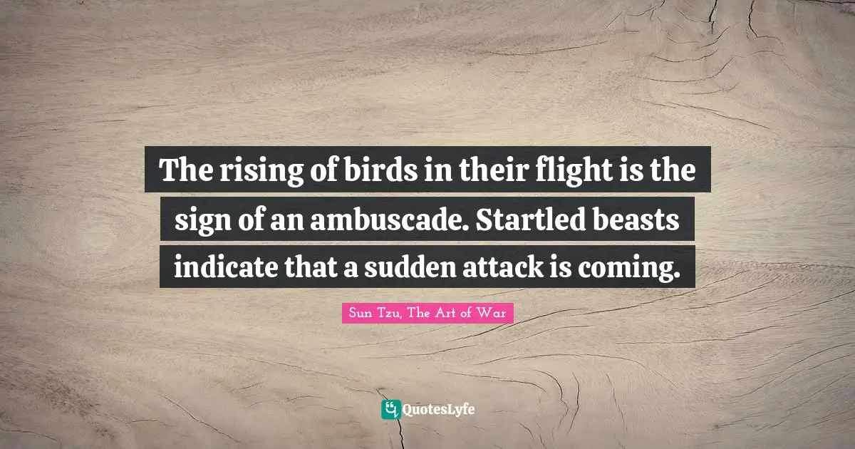 Sun Tzu, The Art Of War Quotes: "The rising of birds in their flight is the sign of an ambuscade. Startled beasts indicate that a sudden attack is coming."