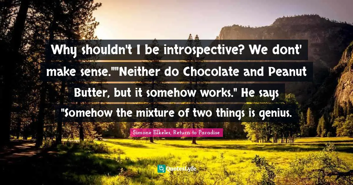 Why shouldn't I be introspective? We dont' make sense.""Neither do Chocolate and Peanut Butter, but it somehow works." He says "Somehow the mixture of two things is genius.