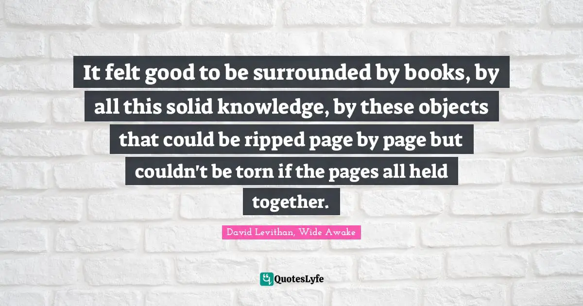 It felt good to be surrounded by books, by all this solid knowledge, by these objects that could be ripped page by page but couldn't be torn if the pages all held together.