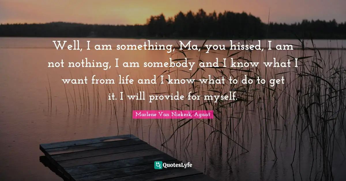 Well, I am something, Ma, you hissed, I am not nothing, I am somebody and I know what I want from life and I know what to do to get it. I will provide for myself.