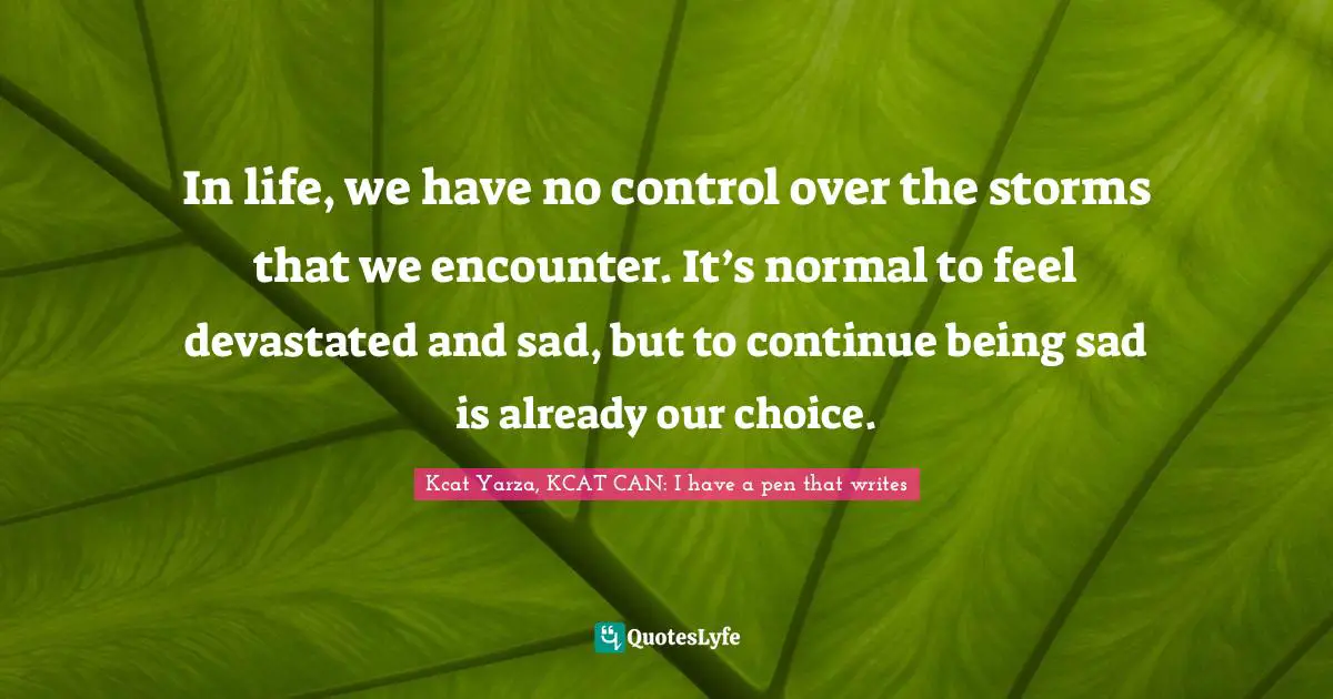In life, we have no control over the storms that we encounter. It’s normal to feel devastated and sad, but to continue being sad is already our choice.