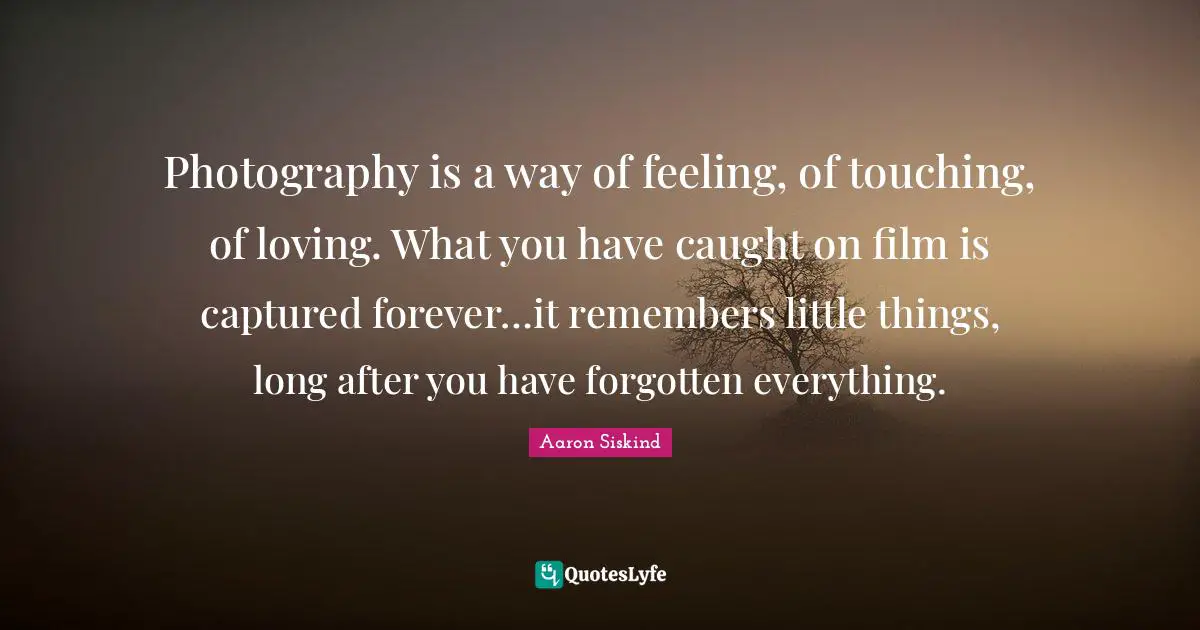 Photography is a way of feeling, of touching, of loving. What you have caught on film is captured forever…it remembers little things, long after you have forgotten everything.