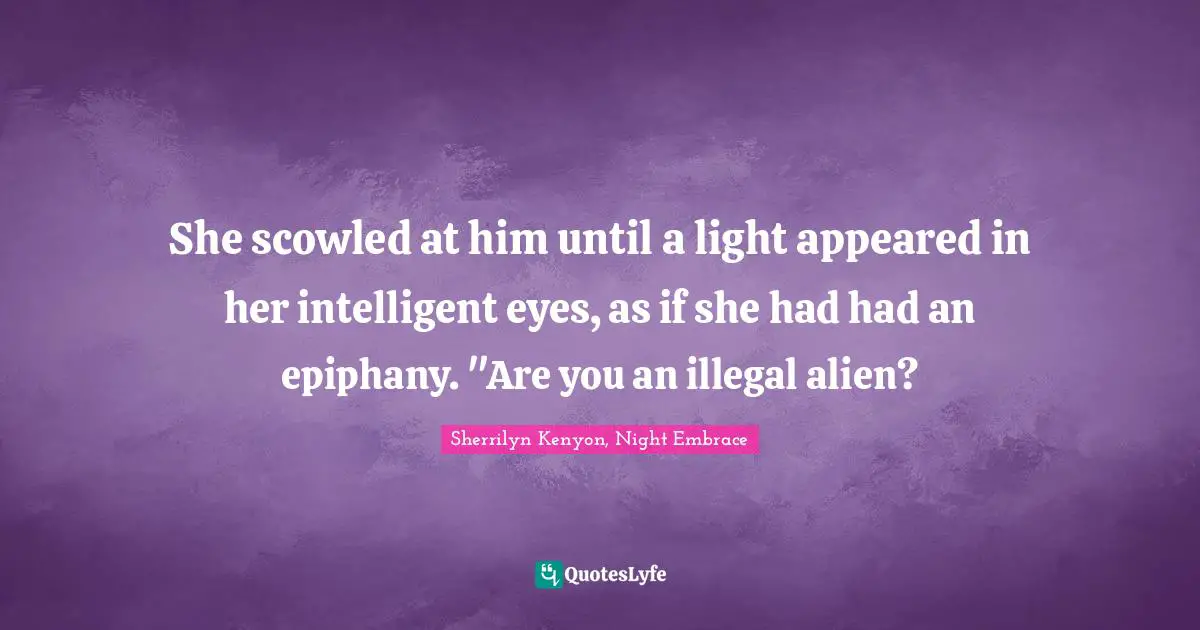 She scowled at him until a light appeared in her intelligent eyes, as if she had had an epiphany. "Are you an illegal alien?
