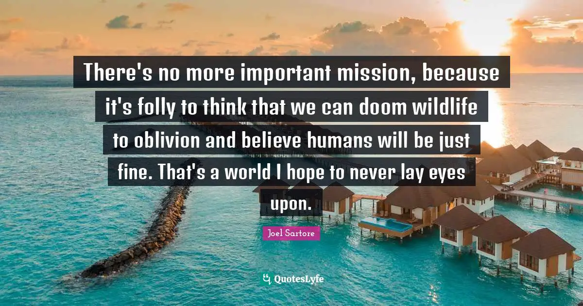 There's no more important mission, because it's folly to think that we can doom wildlife to oblivion and believe humans will be just fine. That's a world I hope to never lay eyes upon.