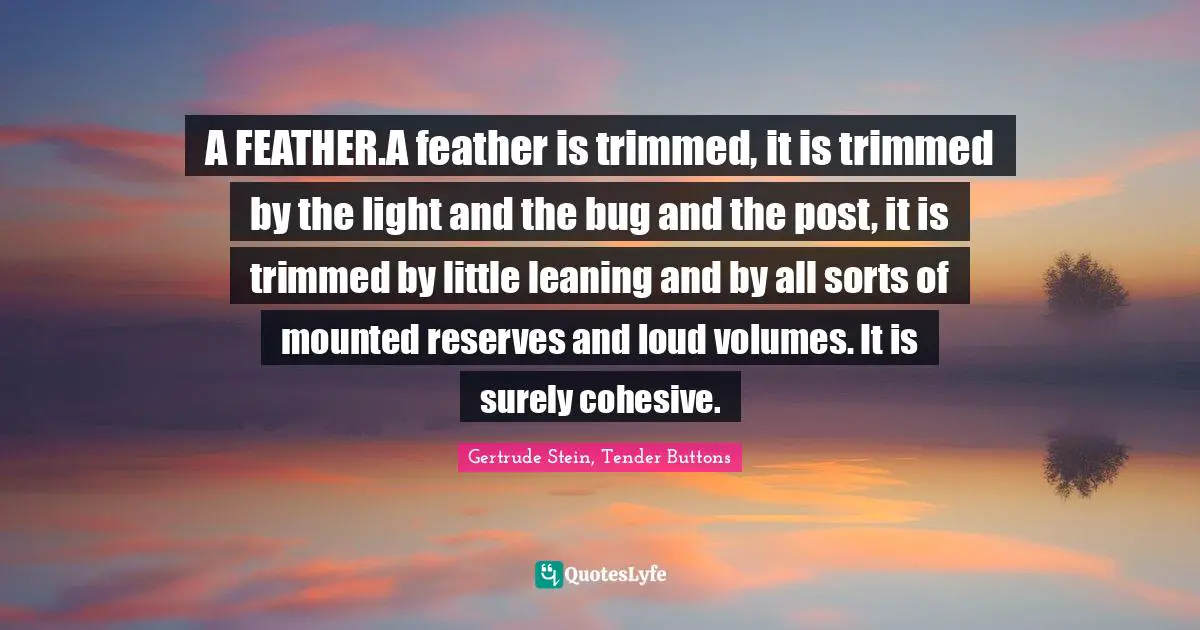 A FEATHER.A feather is trimmed, it is trimmed by the light and the bug and the post, it is trimmed by little leaning and by all sorts of mounted reserves and loud volumes. It is surely cohesive.