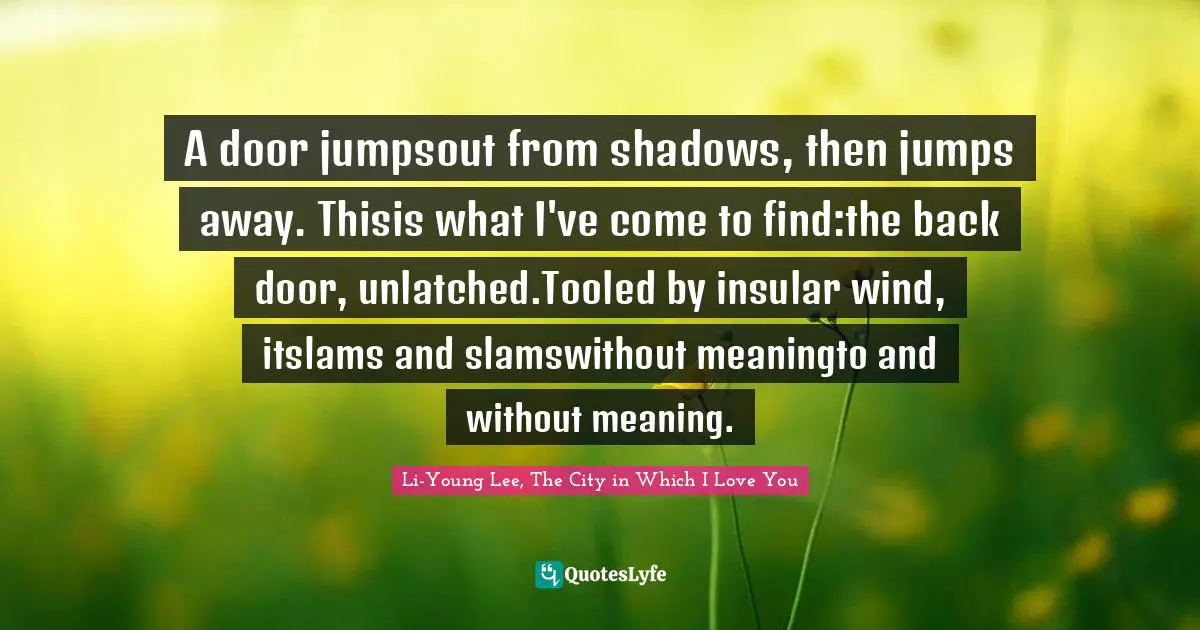 A door jumpsout from shadows, then jumps away. Thisis what I've come to find:the back door, unlatched.Tooled by insular wind, itslams and slamswithout meaningto and without meaning.