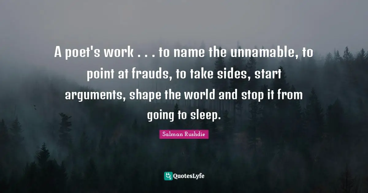 A poet's work . . . to name the unnamable, to point at frauds, to take sides, start arguments, shape the world and stop it from going to sleep.