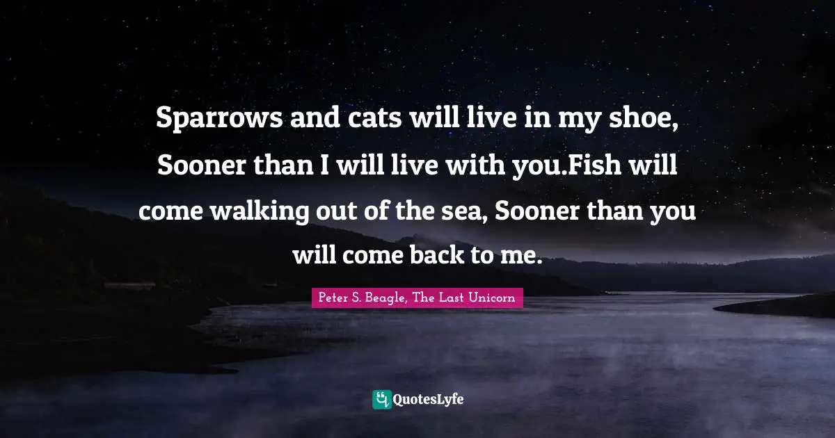 Sparrows and cats will live in my shoe, Sooner than I will live with you.Fish will come walking out of the sea, Sooner than you will come back to me.
