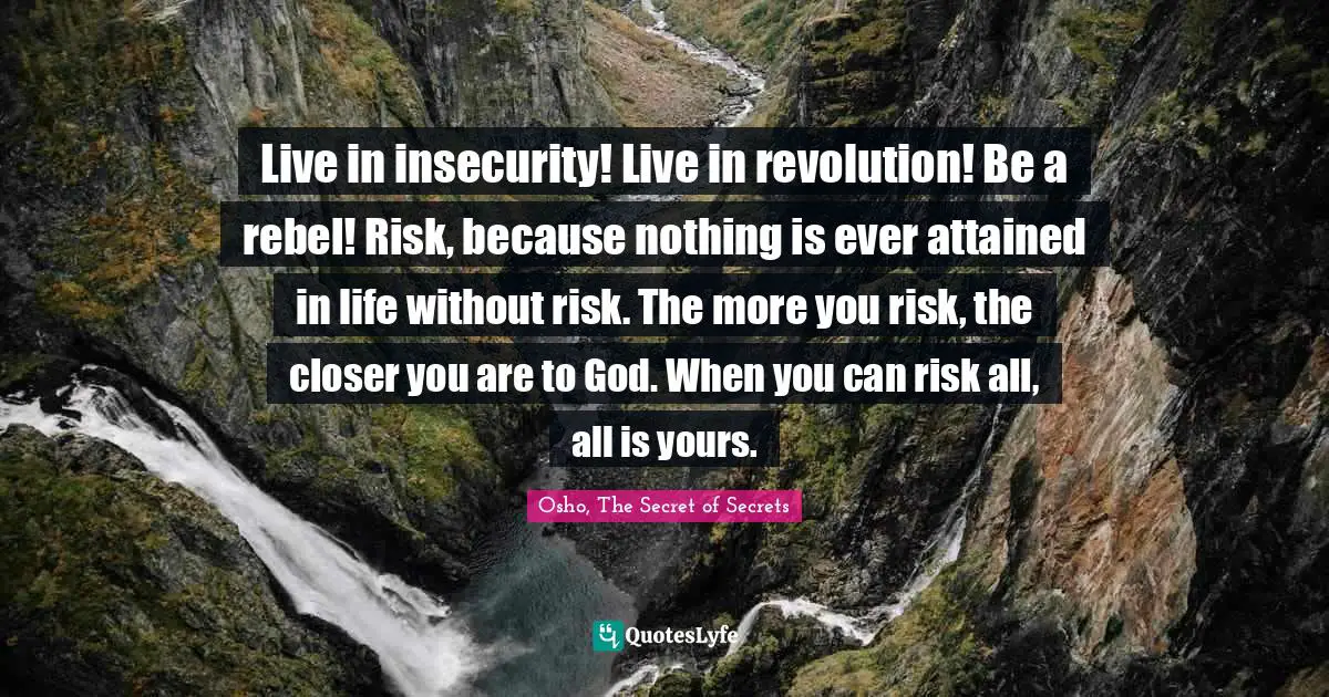Live in insecurity! Live in revolution! Be a rebel! Risk, because nothing is ever attained in life without risk. The more you risk, the closer you are to God. When you can risk all, all is yours.
