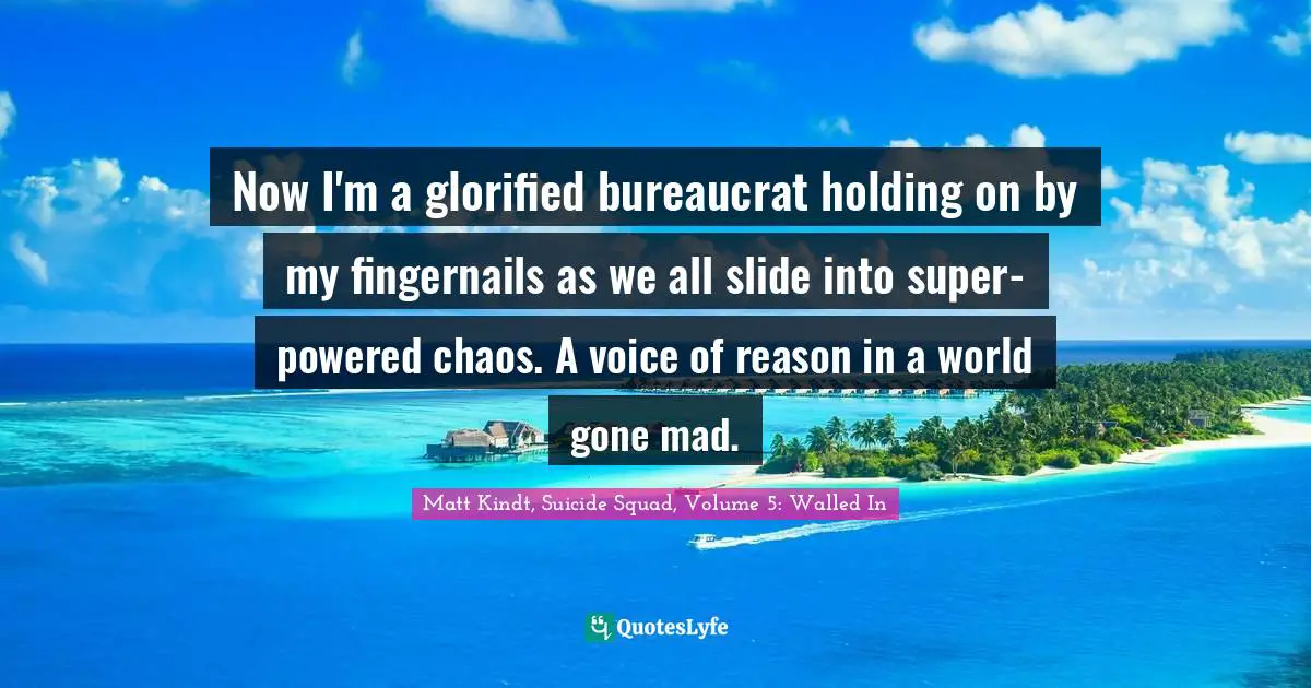 Now I'm a glorified bureaucrat holding on by my fingernails as we all slide into super-powered chaos. A voice of reason in a world gone mad.