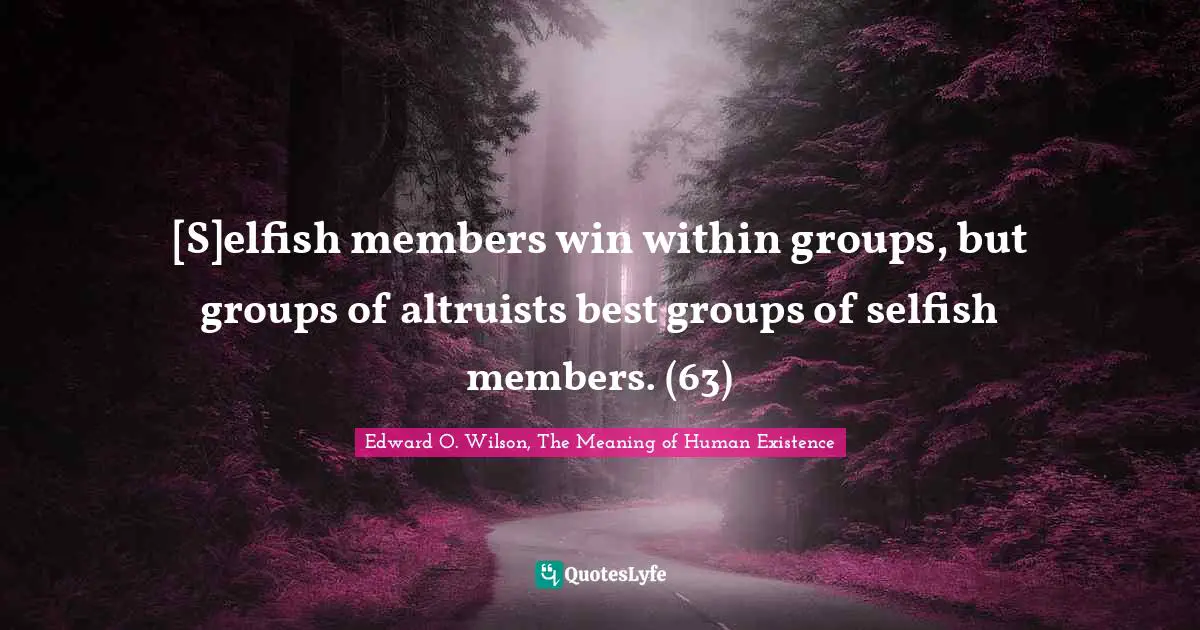 Edward O. Wilson, The Meaning Of Human Existence Quotes: "[S]elfish members win within groups, but groups of altruists best groups of selfish members. (63)"