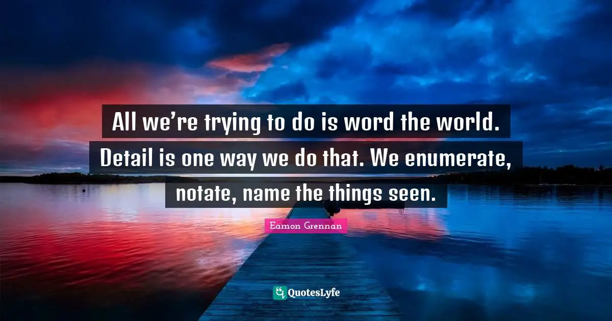 All we’re trying to do is word the world. Detail is one way we do that. We enumerate, notate, name the things seen.