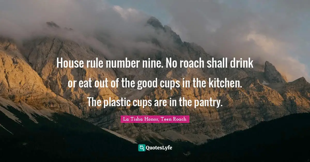 House rule number nine. No roach shall drink or eat out of the good cups in the kitchen. The plastic cups are in the pantry.
