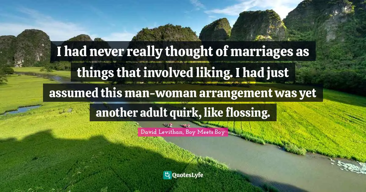 I had never really thought of marriages as things that involved liking. I had just assumed this man-woman arrangement was yet another adult quirk, like flossing.