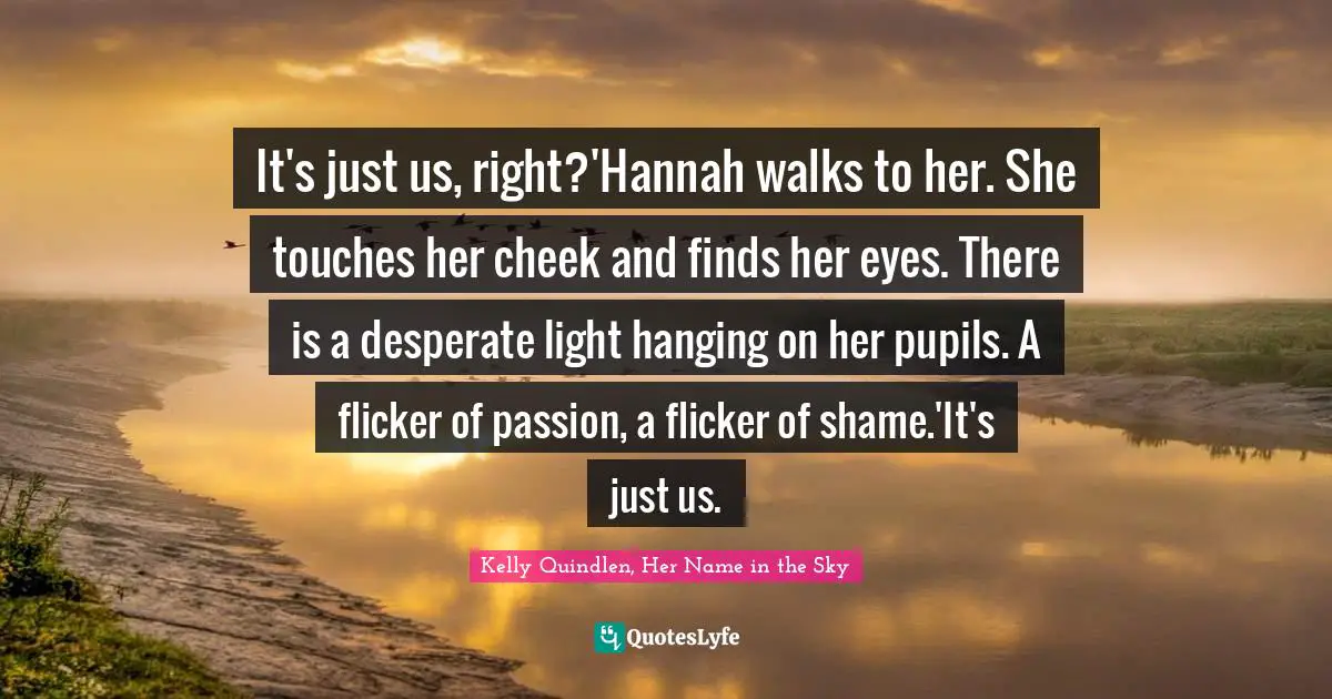 It's just us, right?'Hannah walks to her. She touches her cheek and finds her eyes. There is a desperate light hanging on her pupils. A flicker of passion, a flicker of shame.'It's just us.