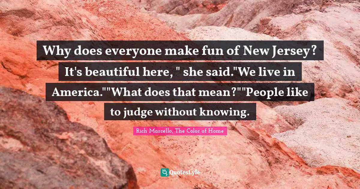 Why does everyone make fun of New Jersey? It's beautiful here, " she said."We live in America.""What does that mean?""People like to judge without knowing.