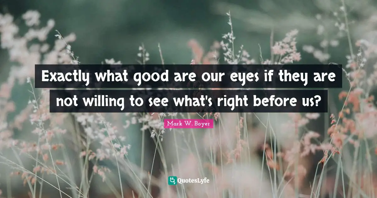 Mark W. Boyer Quotes: "Exactly what good are our eyes if they are not willing to see what's right before us?"