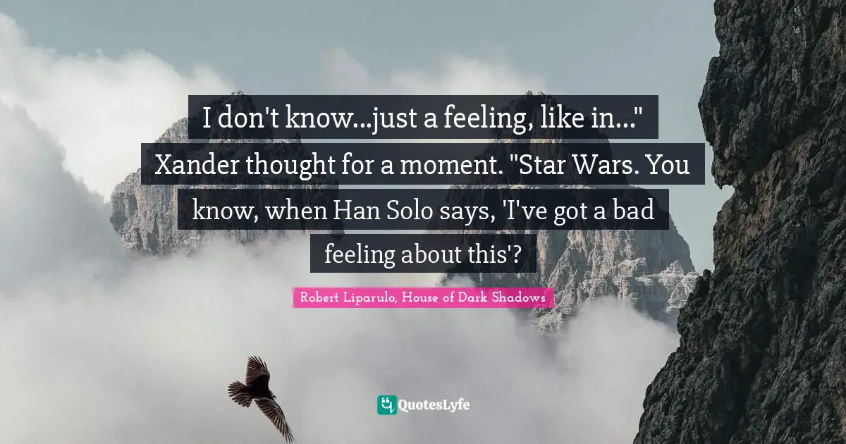 I don't know...just a feeling, like in..." Xander thought for a moment. "Star Wars. You know, when Han Solo says, 'I've got a bad feeling about this'?